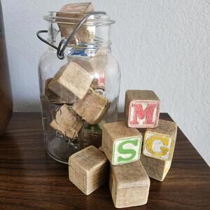 Vintage Junk Jar Presto Canning Jar No Lid Wooden Letter Blocks Antique Decor